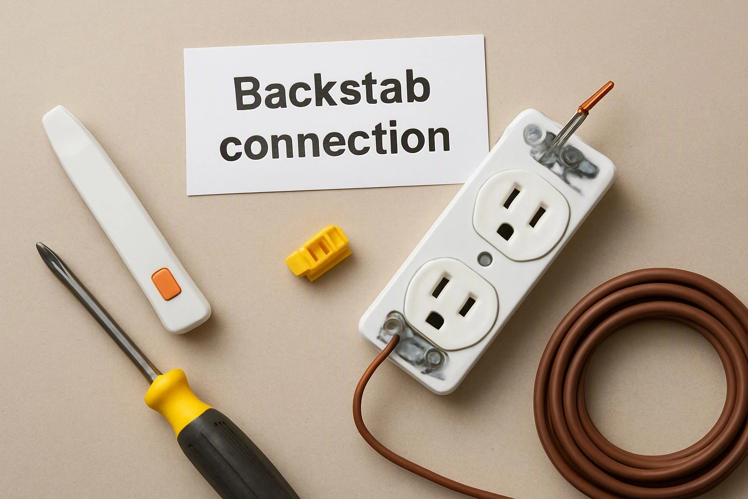 Electrical tools and a power strip sit around a card labeled "Backstab connection"