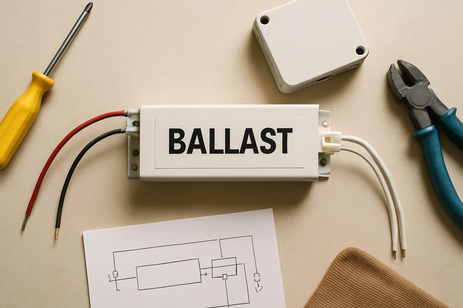 A ballast with wires sits on a workbench beside a screwdriver, pliers, a junction box, and a wiring diagram