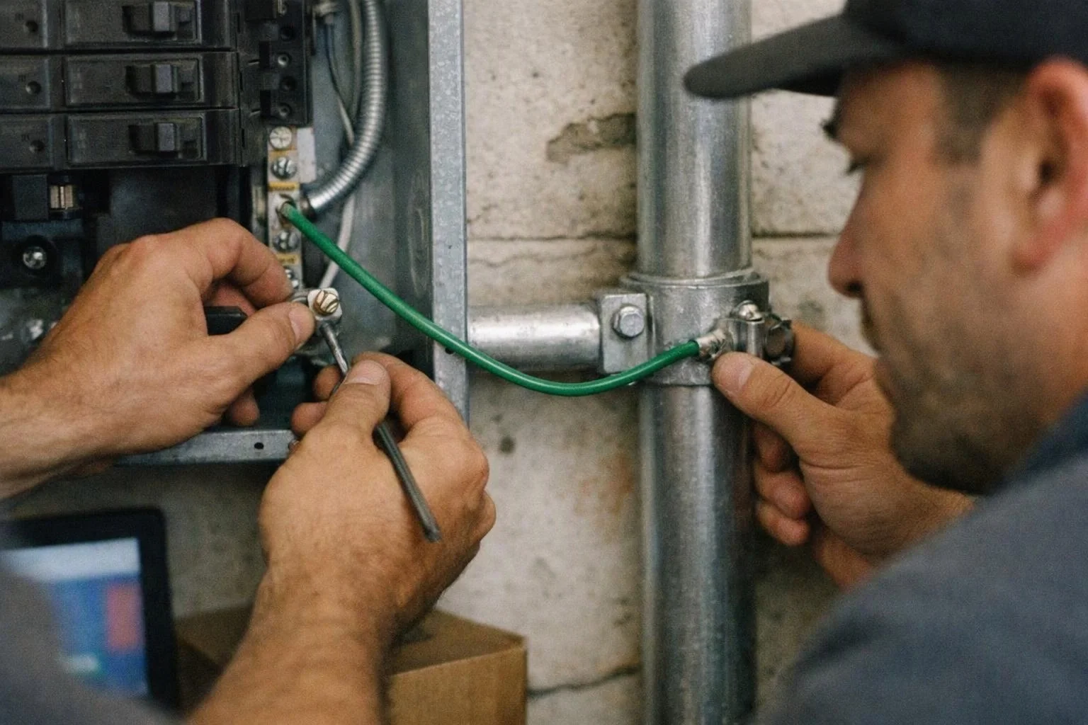 A worker in a cap tightens wiring inside an electrical panel beside a metal conduit box