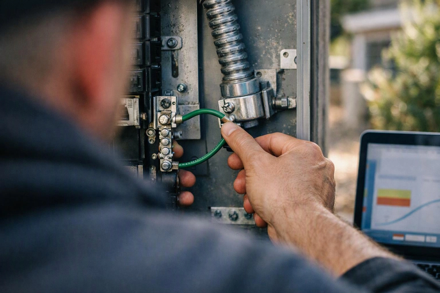 A technician connects a green wire inside an electrical panel beside a laptop outdoors
