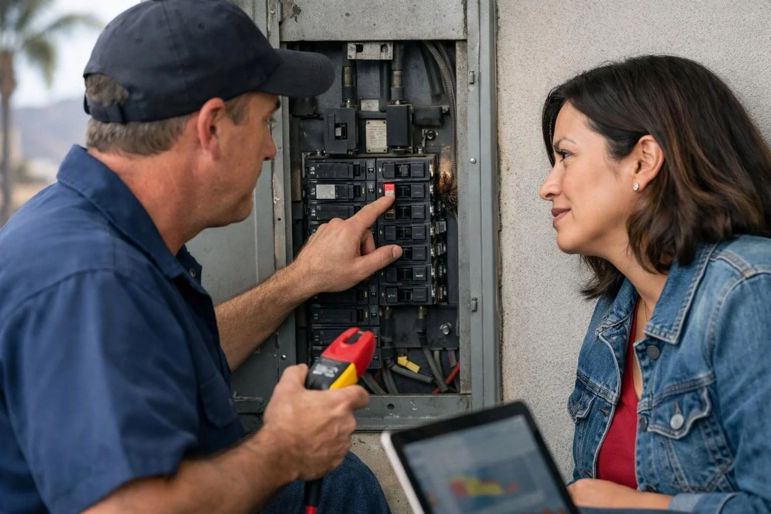 A worker points at an open electrical panel while holding a meter and speaking with a woman nearby