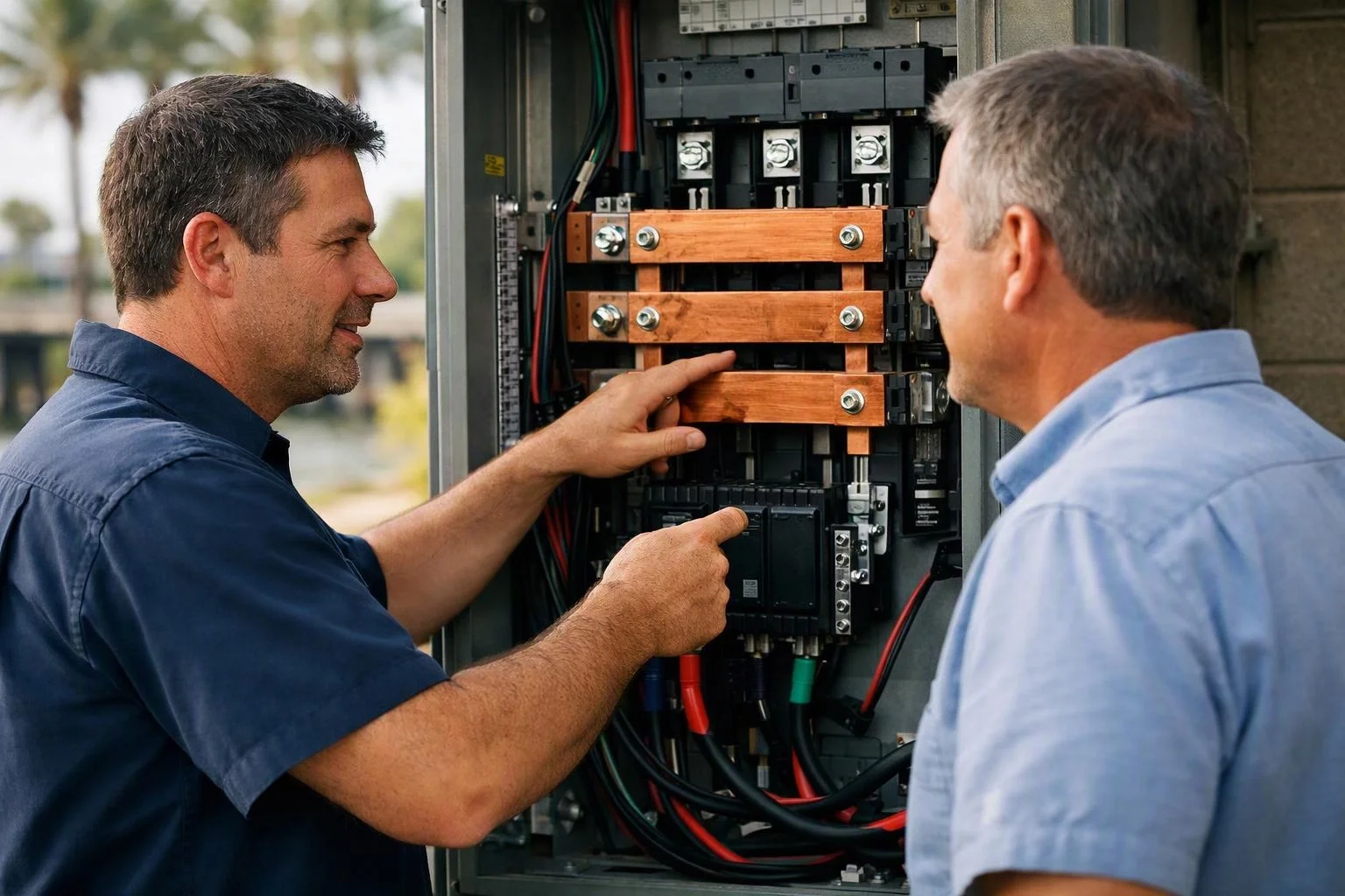Two men inspect an open electrical panel with copper bars and wires outdoors
