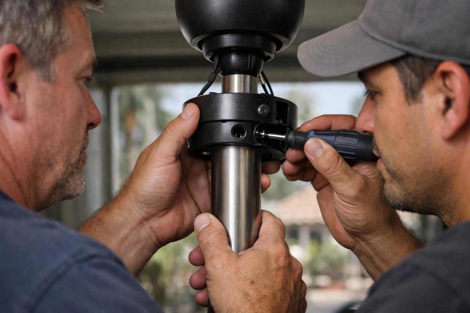 Two men adjust a metal pole with a screwdriver indoors