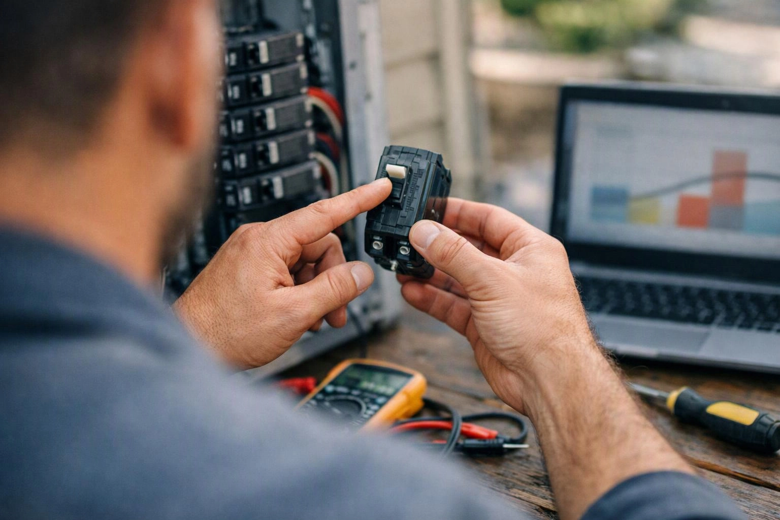 A technician holds a circuit breaker near a panel, with a laptop and multimeter on the table