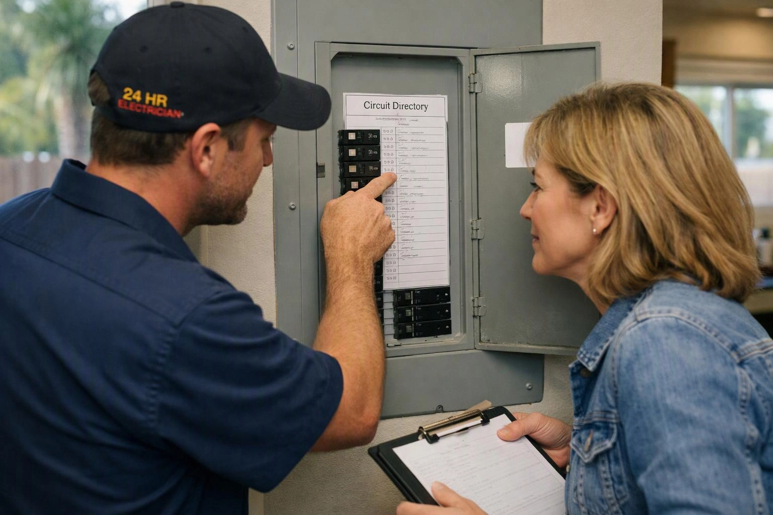 A man points at a circuit directory inside an open electrical panel while a woman holds a clipboard and watches