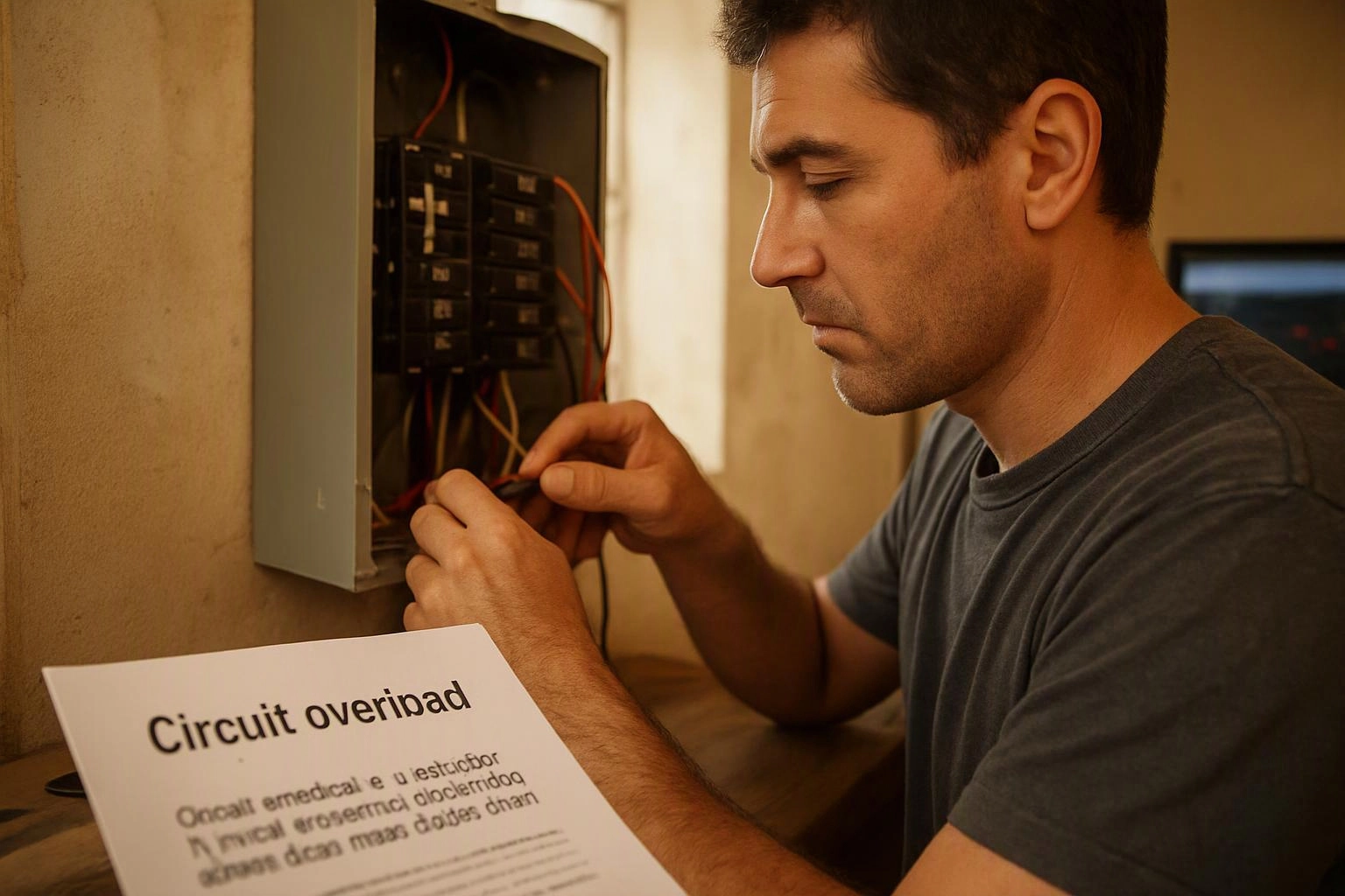 A man inspects wiring inside an open circuit breaker box beside a card labeled "Circuit overibad"