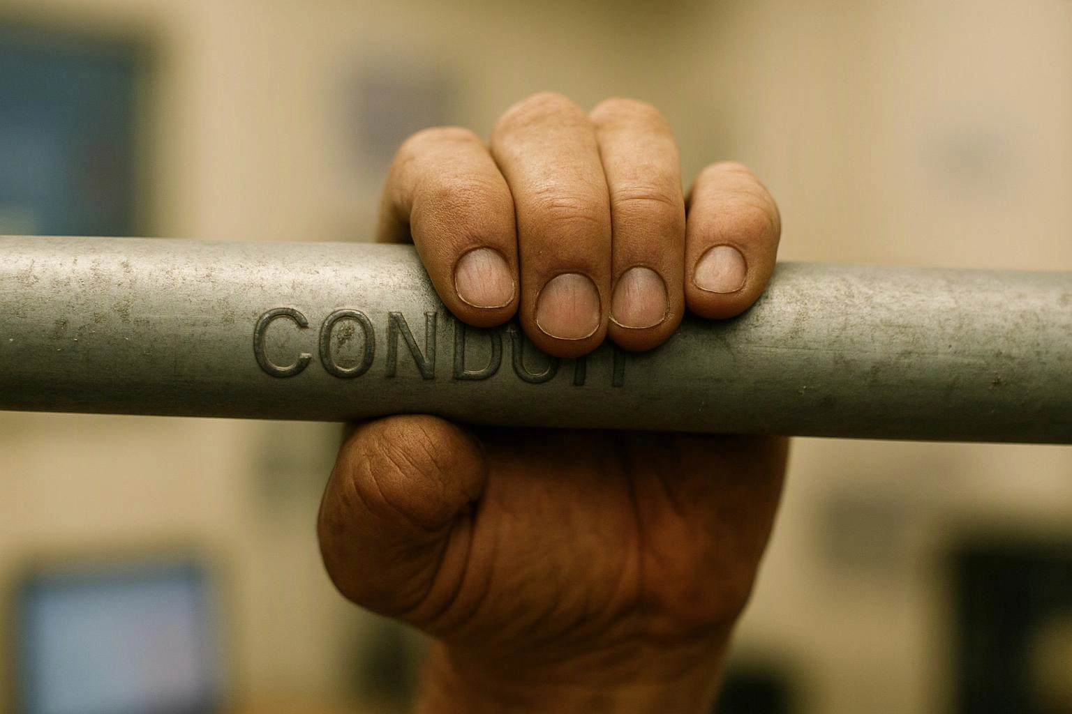A hand grips a metal bar with the word “CONDUIT” stamped across it