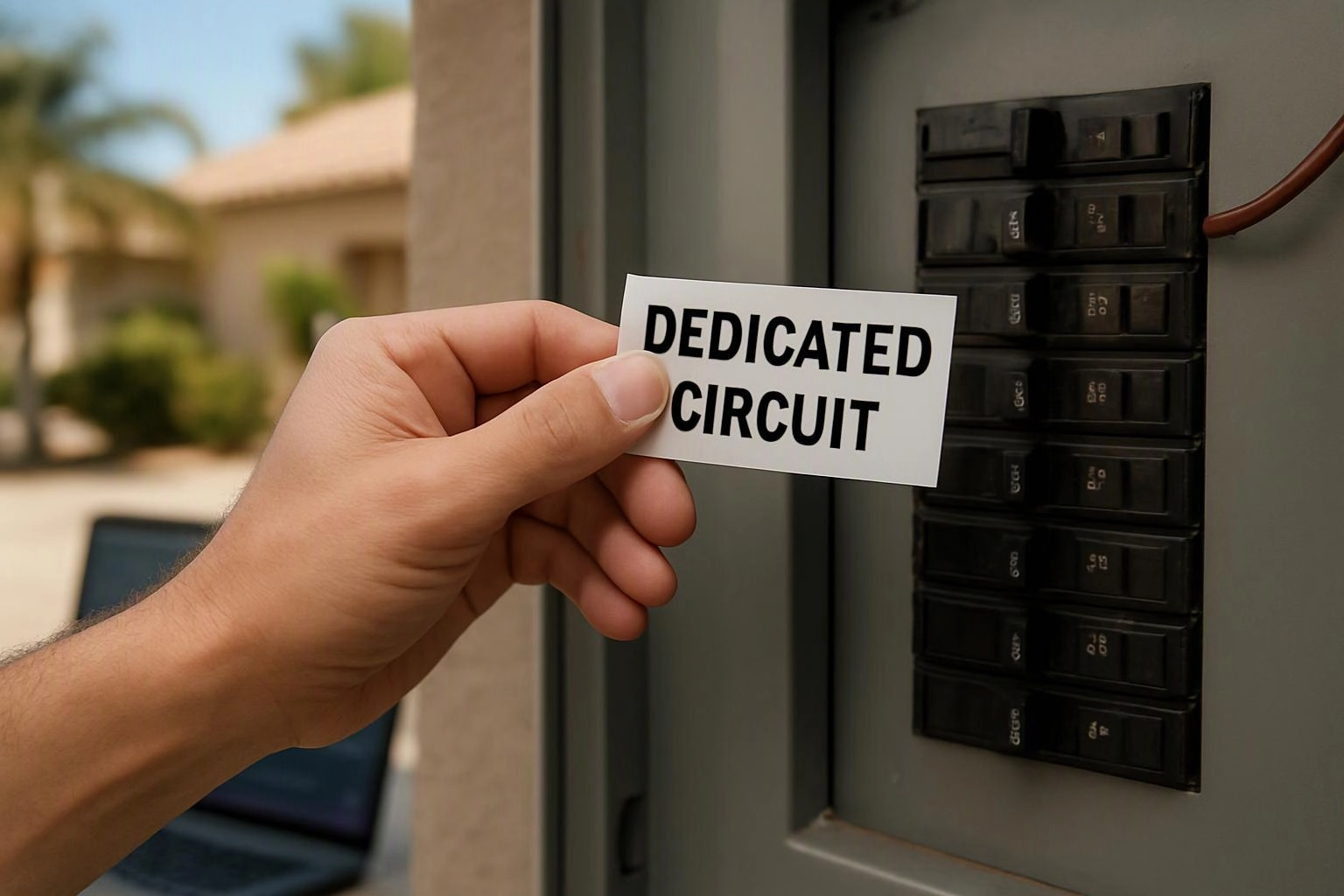 A hand holds a card reading “DEDICATED CIRCUIT” beside an open electrical breaker panel outdoors