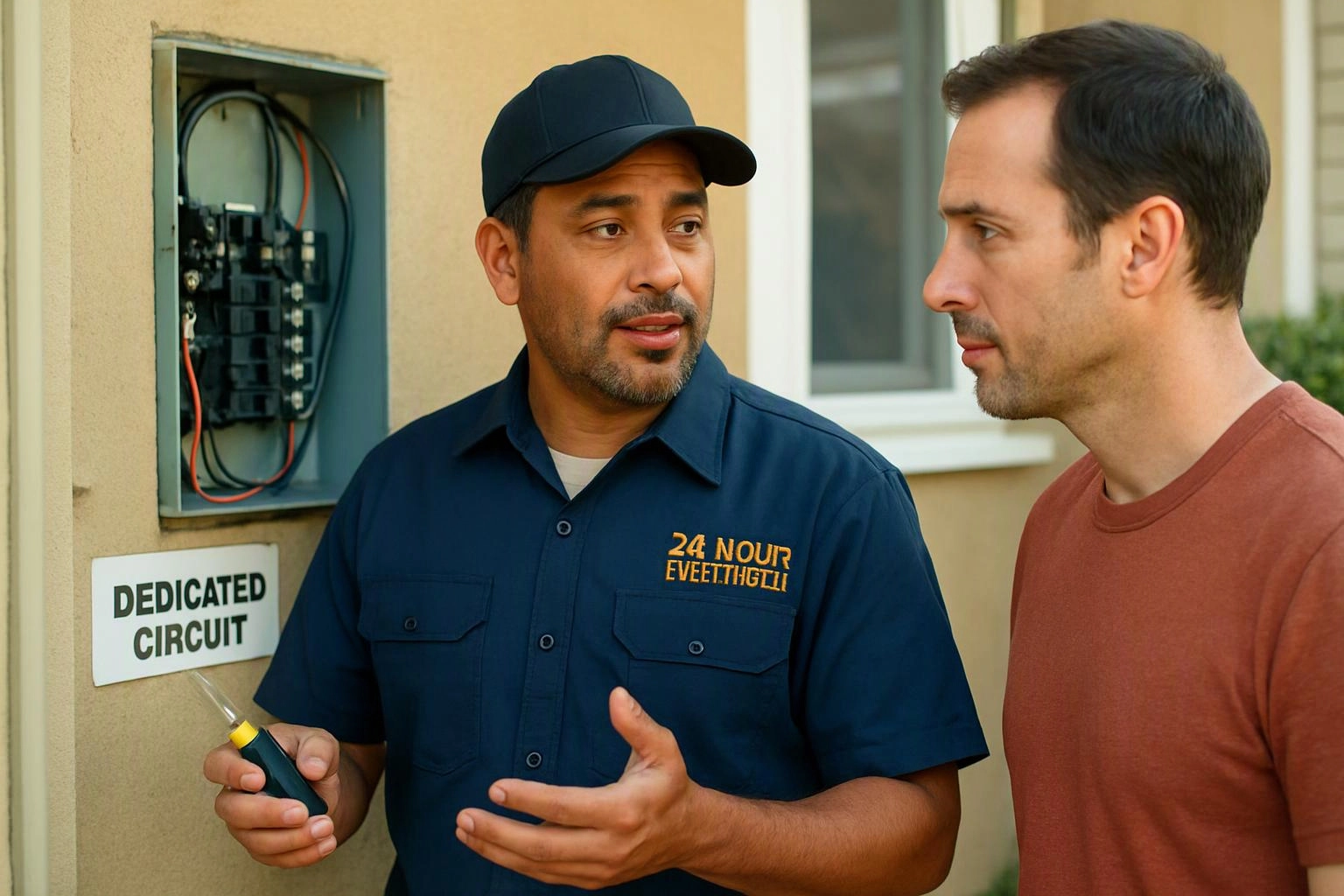 Two men stand by an open electrical panel, one holding a screwdriver while talking outside a building