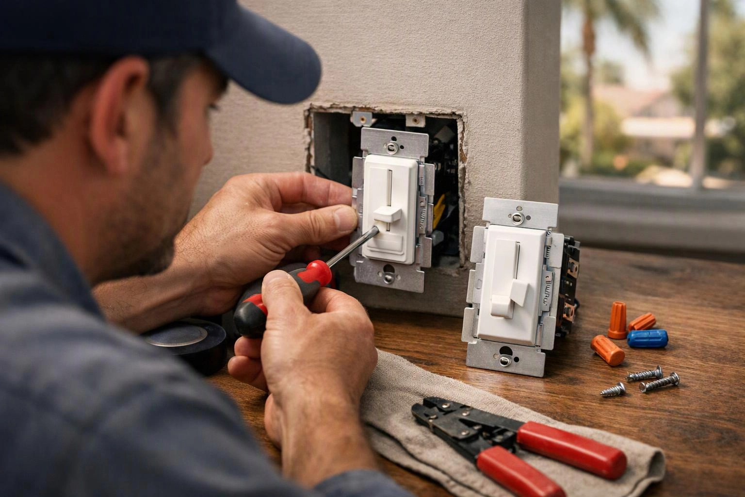 A man installs a white light switch into a wall opening using a screwdriver on a wooden table