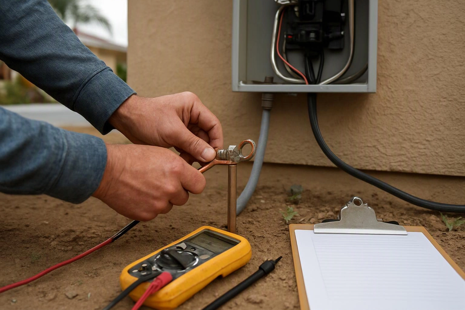 Hands tighten a grounding clamp beside an open electrical box, with a meter and clipboard on the dirt ground