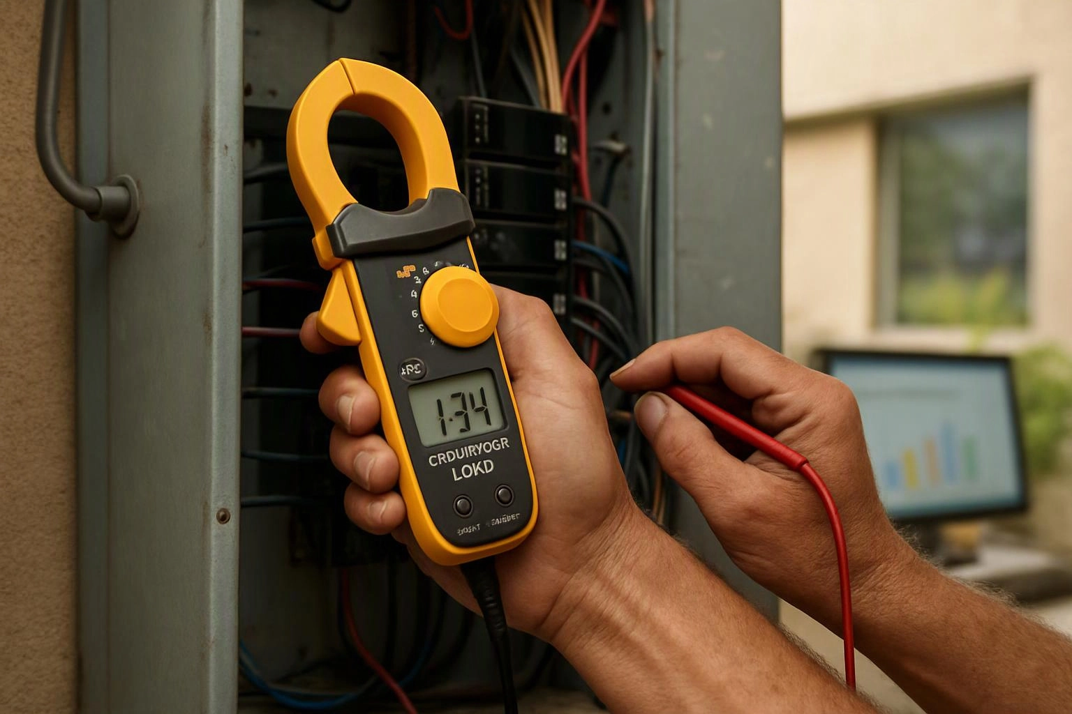 A person tests wiring in an open electrical panel with a clamp meter and red probe outdoors