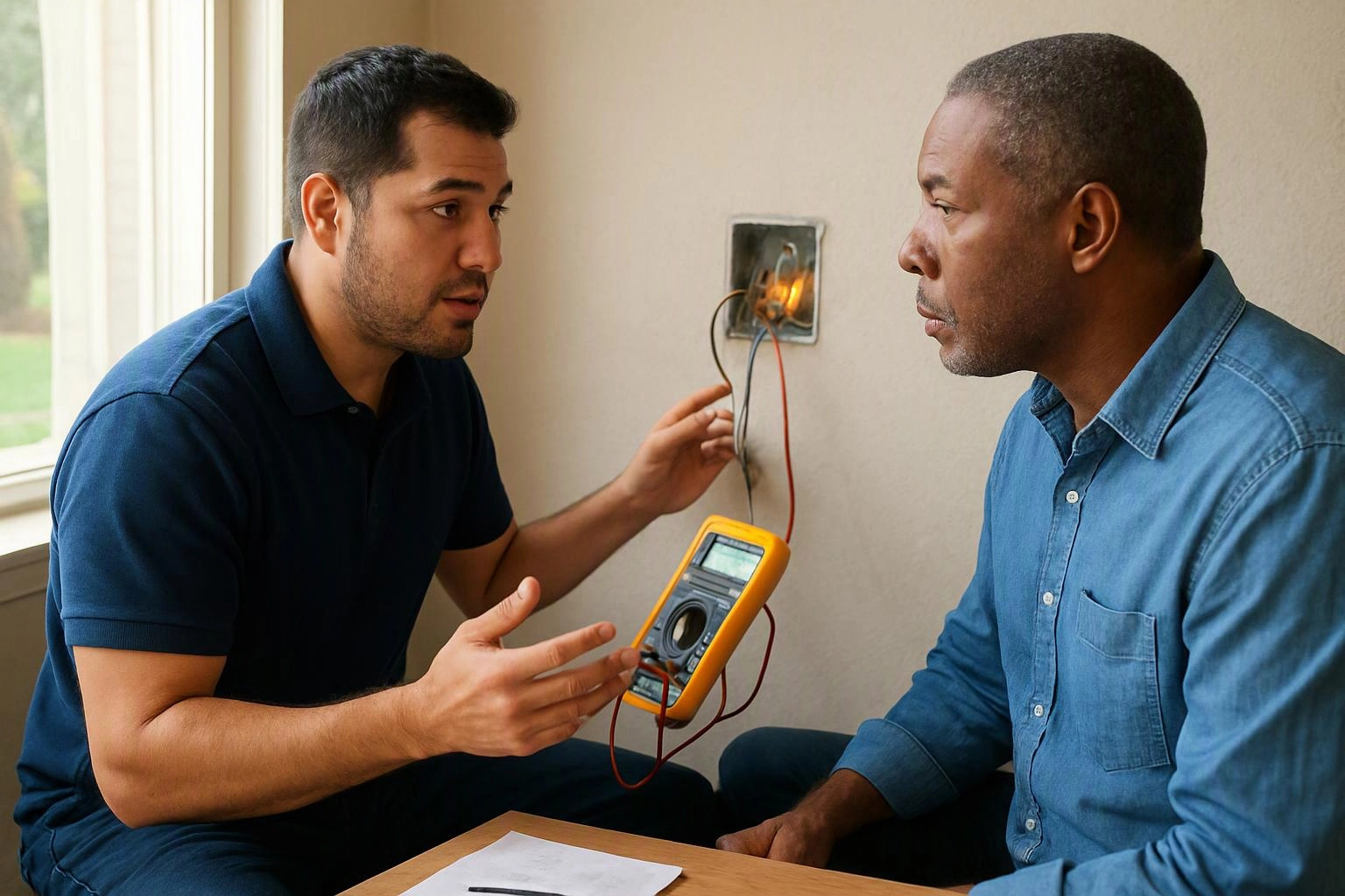 Two men inspect exposed wall wiring, one holding a yellow multimeter beside an open electrical box