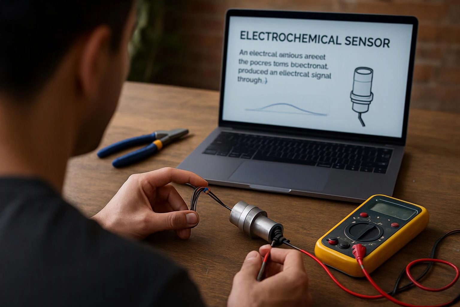 A person tests a sensor on a wooden desk while a laptop shows an electrochemical sensor slide