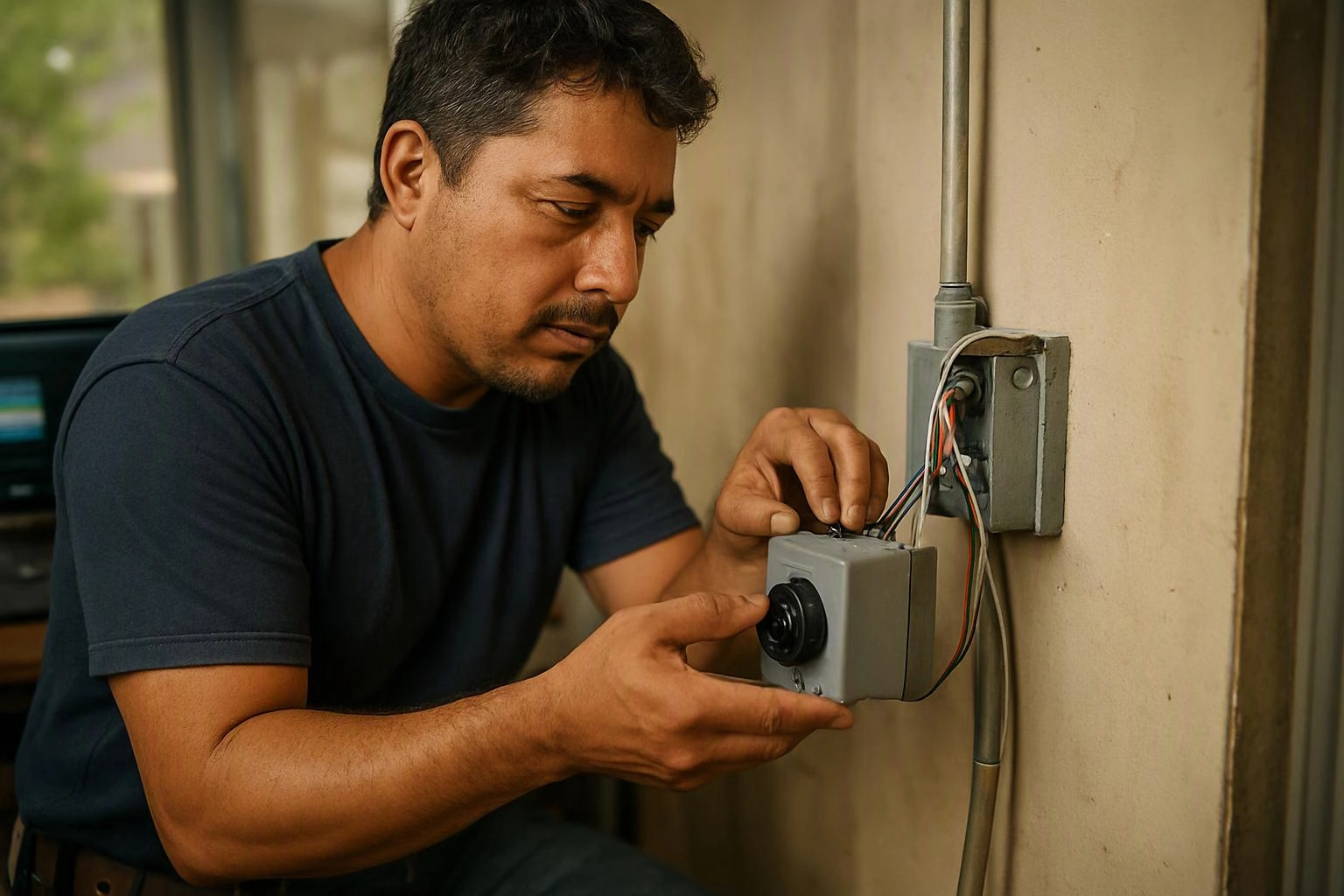 A man in a dark shirt adjusts a wired gray electrical box on a wall indoors