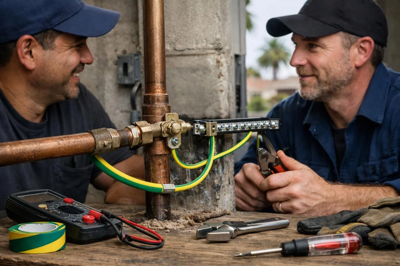 Two electricians smile while wiring copper pipes and grounding cables on a workbench outdoors