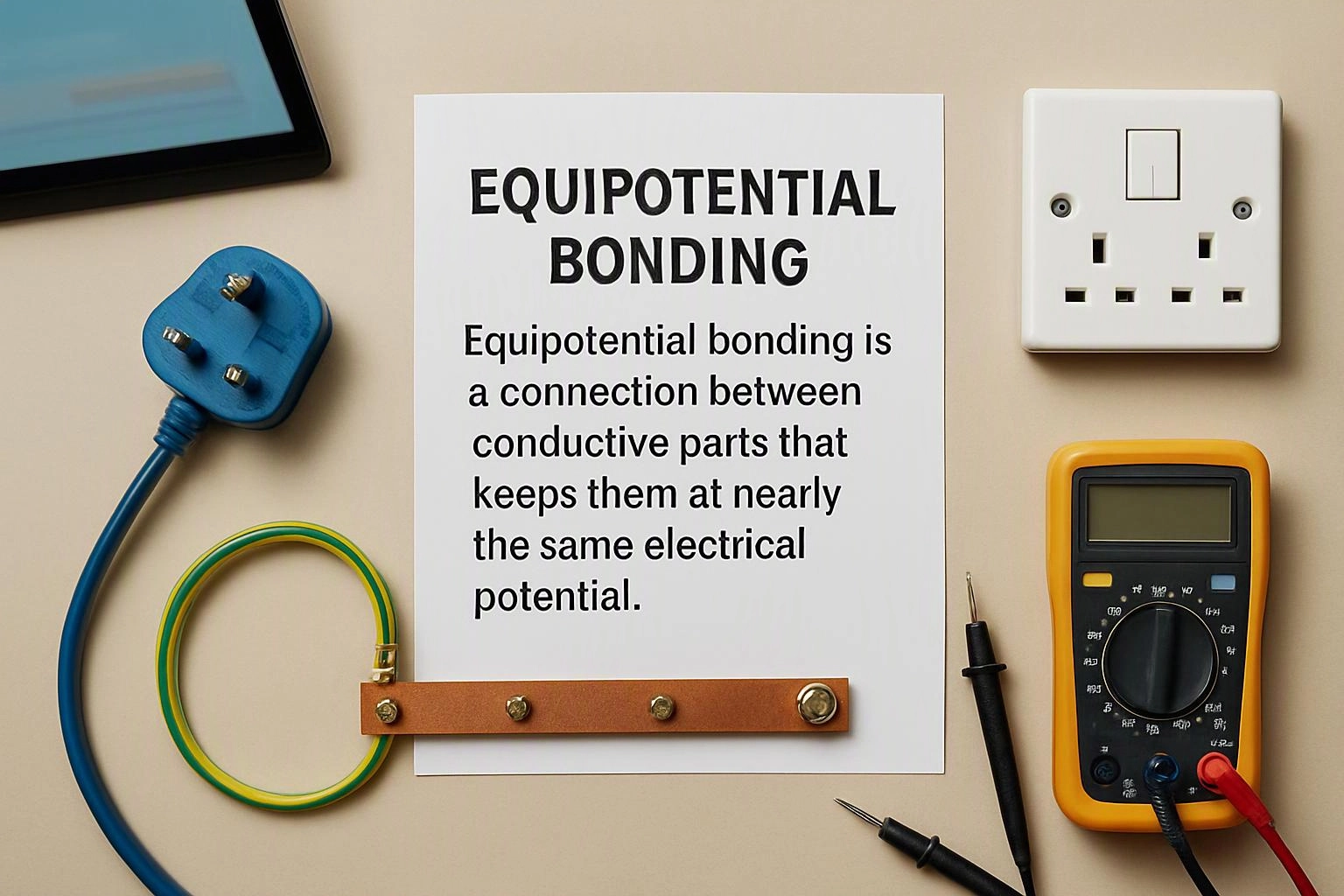 A flat lay shows an equipotential bonding sign, electrical plug, wire, outlet, and multimeter on a beige surface