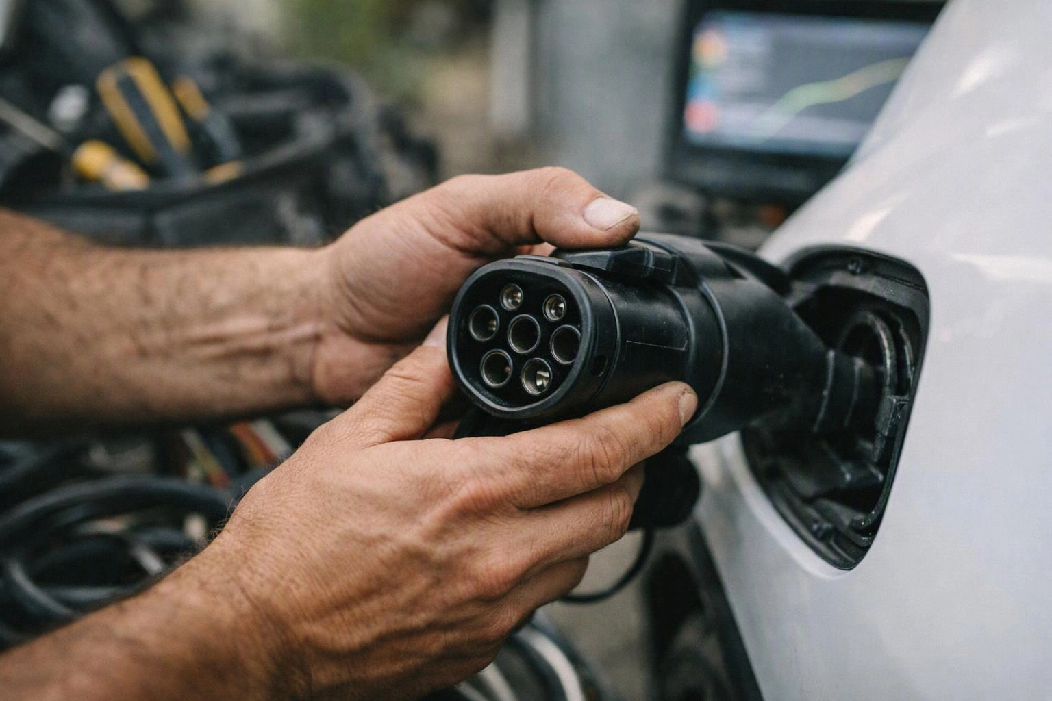 Hands plug a black charging connector into a white electric vehicle in a workshop