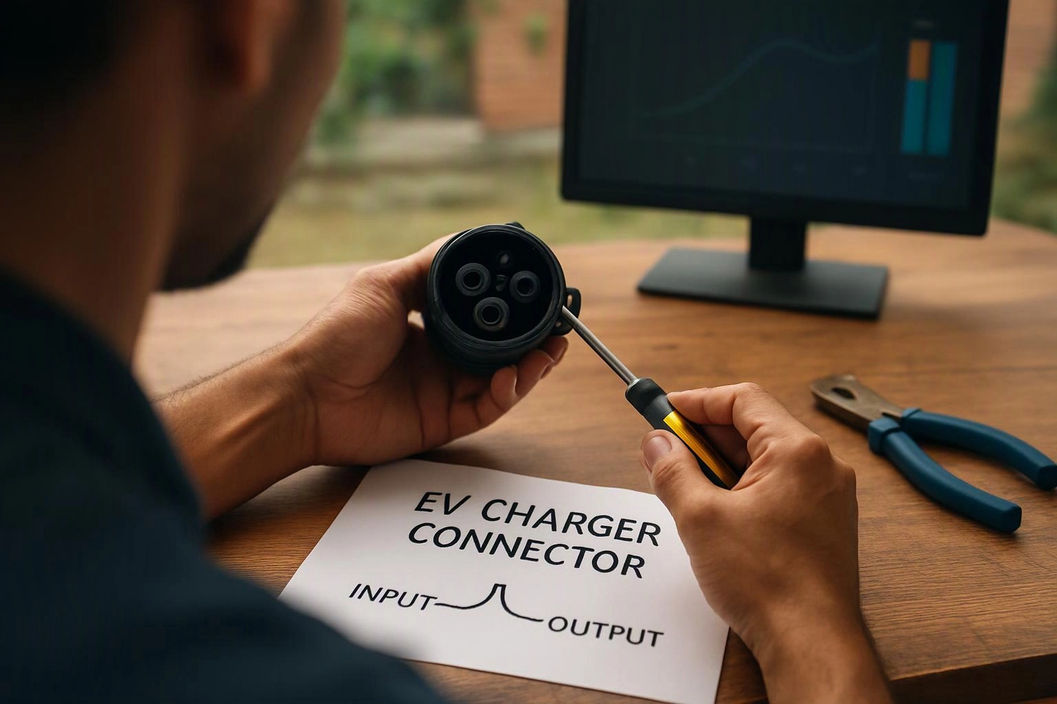 A person inspects an EV charger connector with a screwdriver beside a labeled diagram on a wooden table