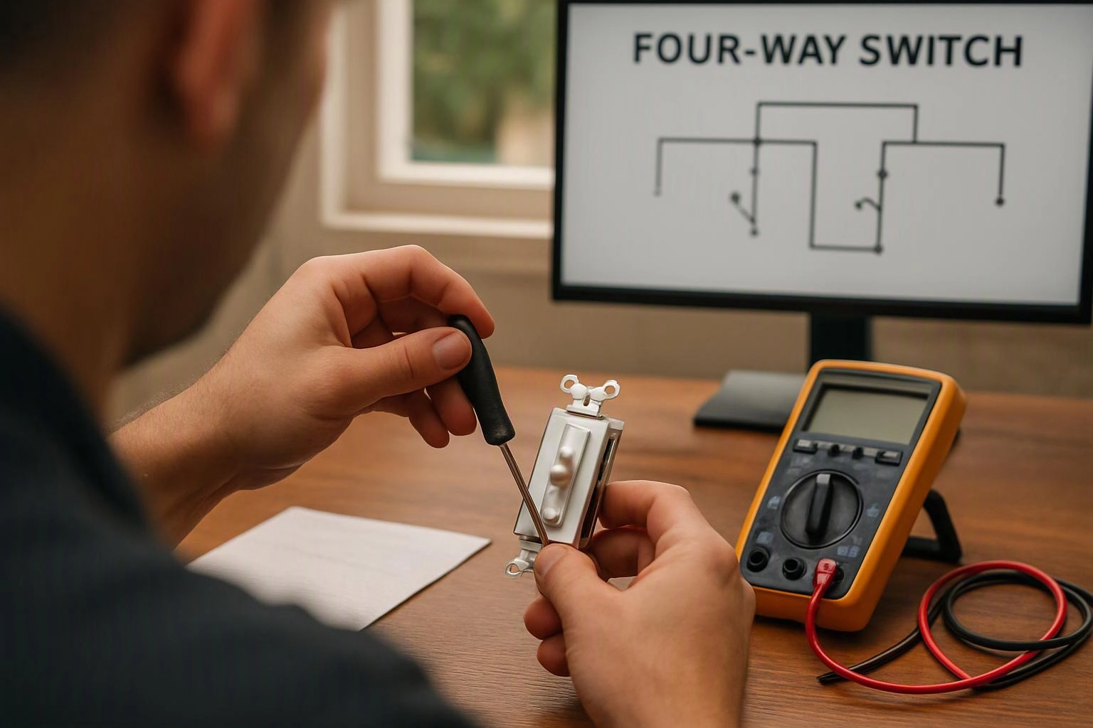 A person uses a screwdriver on a wall switch beside a multimeter and a screen showing “FOUR-WAY SWITCH” wiring diagram