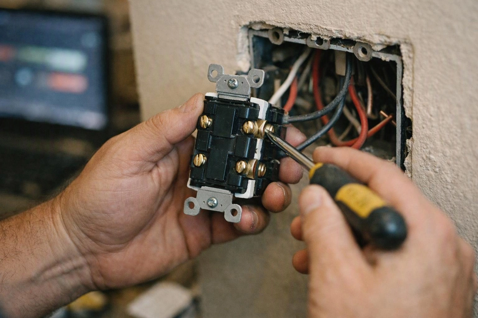 Hands use a screwdriver to wire a black wall switch into an open electrical box