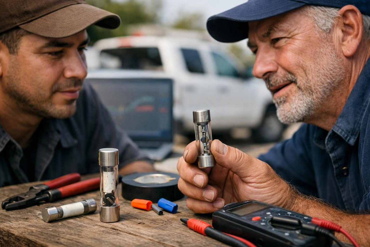 Two men in caps examine glass fuses and tools on a wooden table outdoors