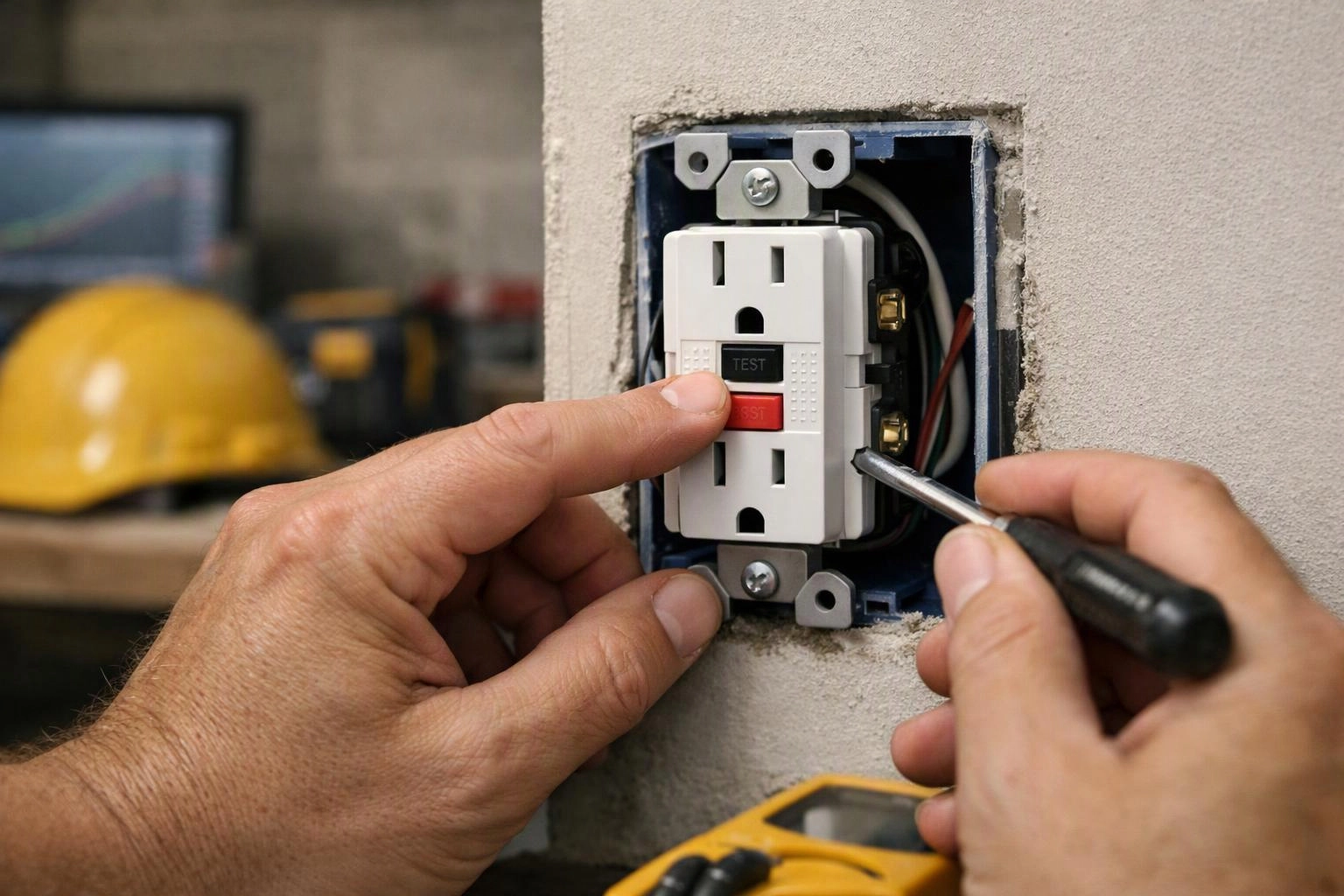 Hands install a white outlet on a wall, with a screwdriver and test buttons visible
