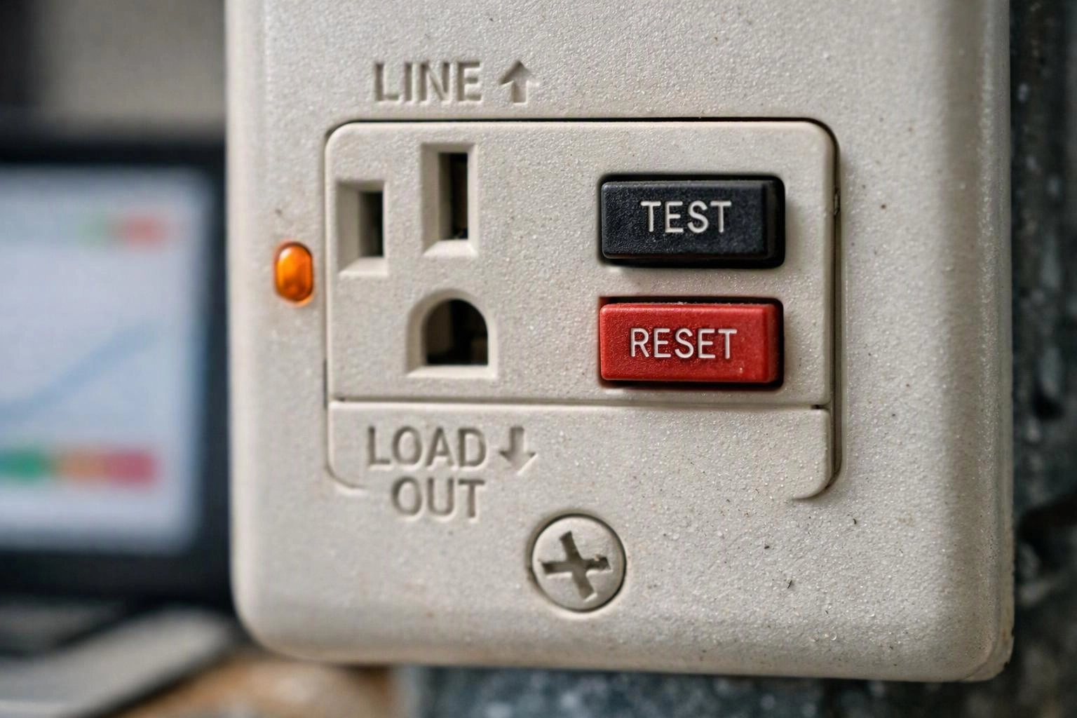 Close-up of a wall outlet with TEST and RESET buttons and a small amber indicator light