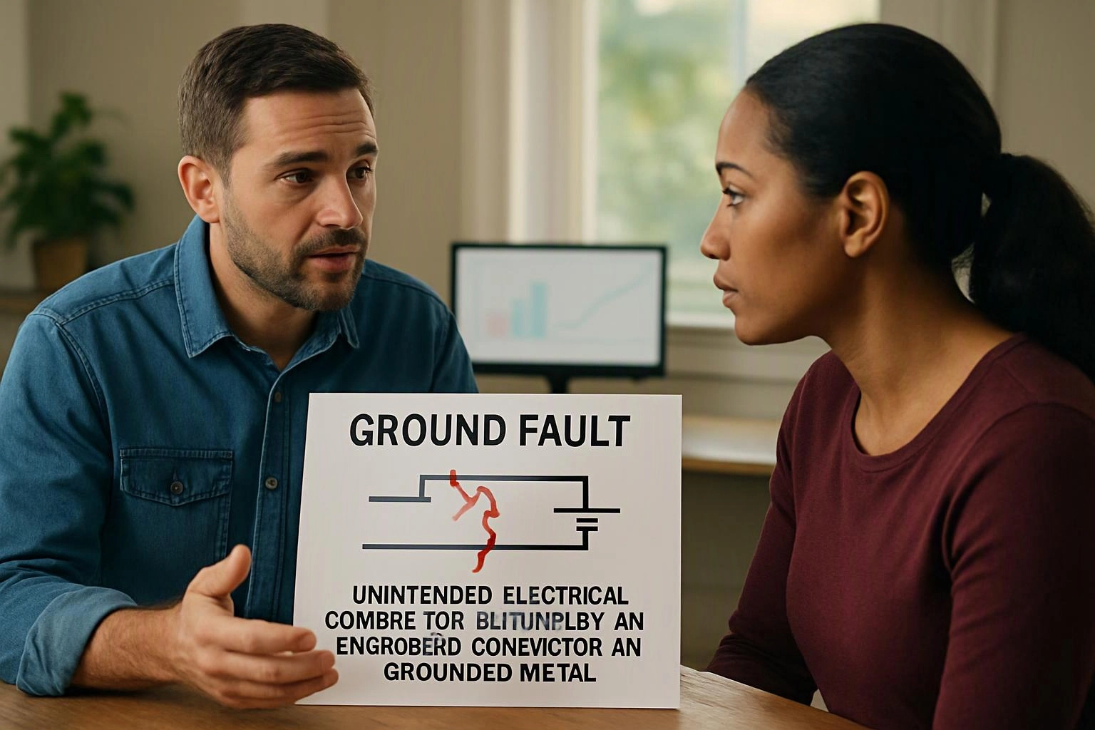 Two people talk at a table while one holds a sign reading “GROUND FAULT” with an electrical diagram