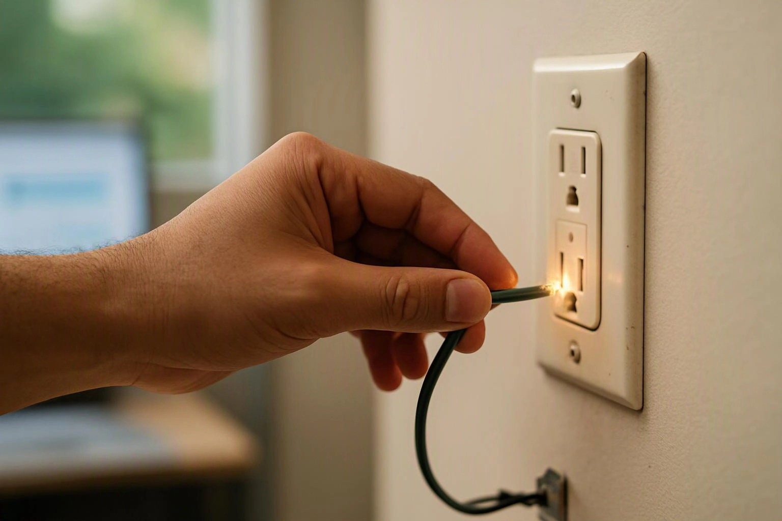 A hand plugs a green cord into a wall outlet, with a small spark glowing near the socket