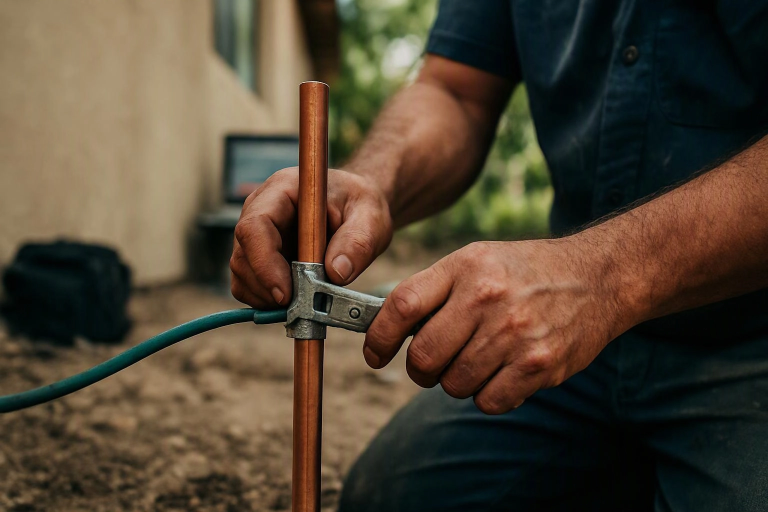 A man tightens a clamp around a copper pipe with a hose outdoors
