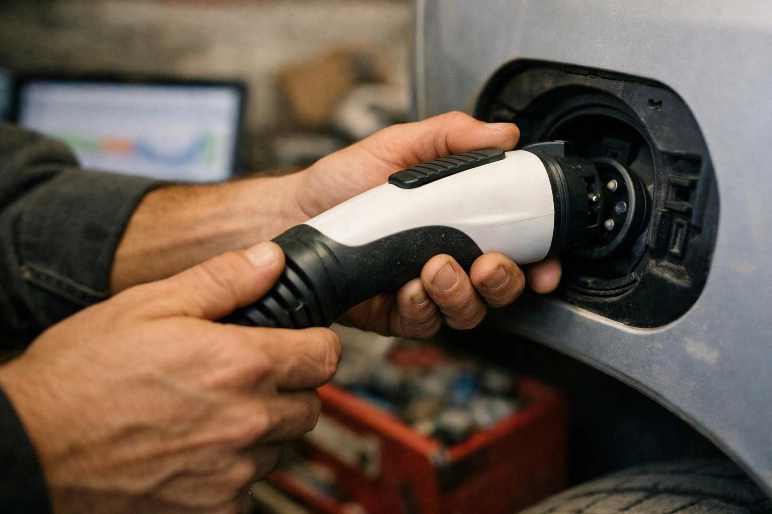 Hands plug an electric vehicle charging connector into a car port indoors
