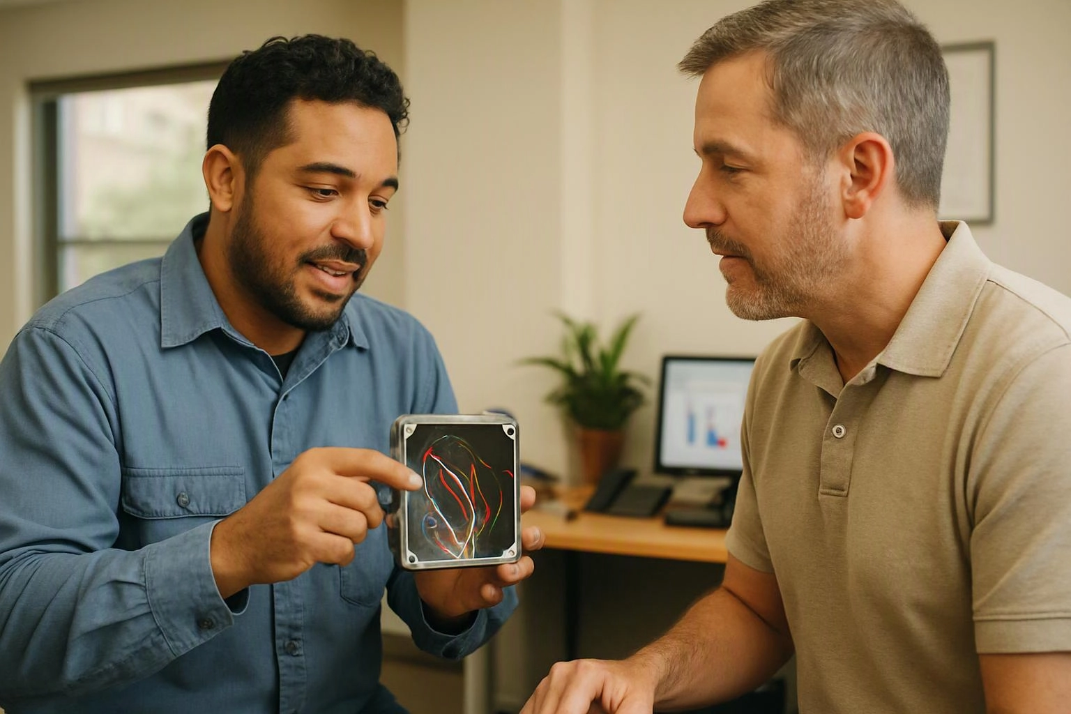 Two men talk in an office while one points at a small device with colorful wires in his hands