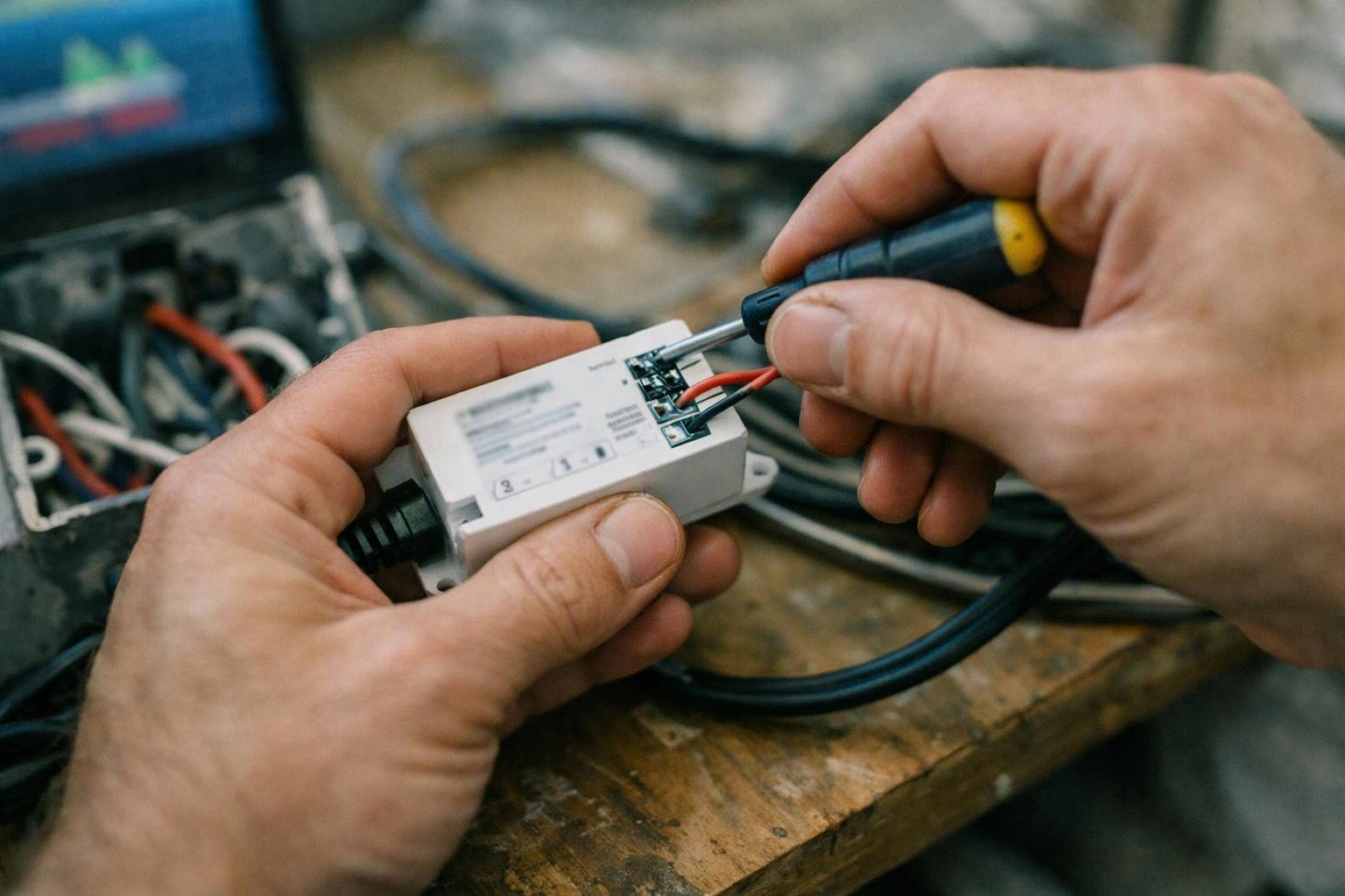Hands connect wires to a small white electrical device on a worn wooden workbench