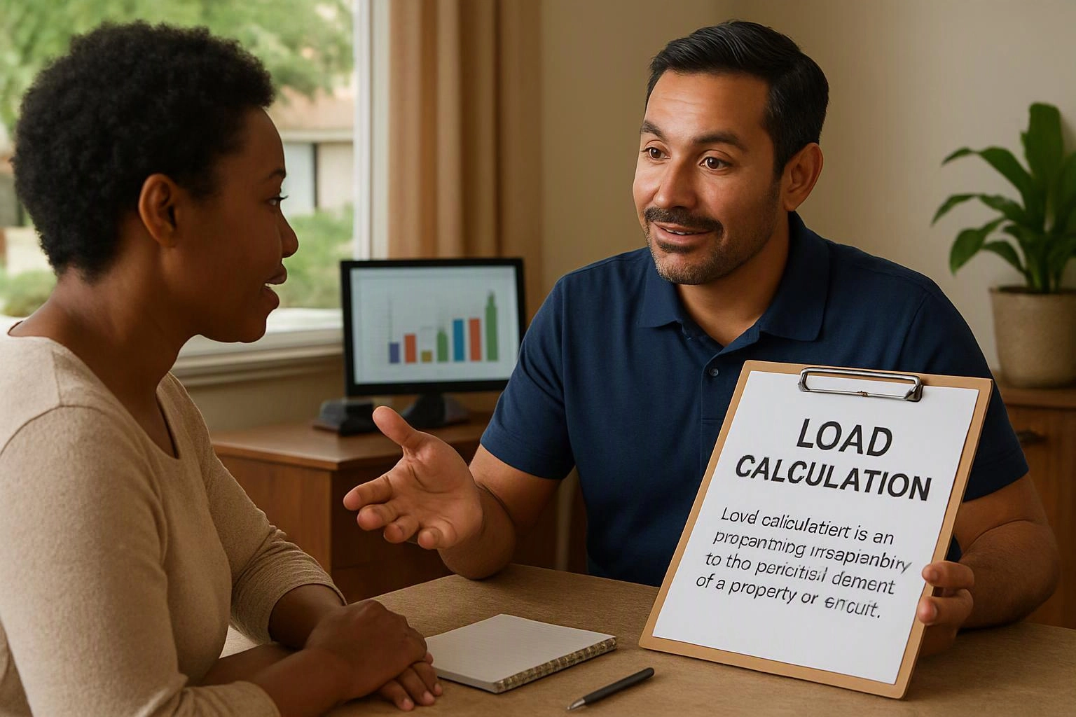 Two people talk at a desk while a man shows a clipboard labeled "LOAD CALCULATION" and a chart on a monitor behind him