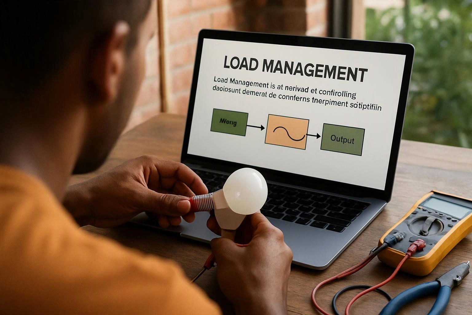 A person holds a glowing light bulb beside a laptop showing a load management diagram on a desk with a multimeter, wires