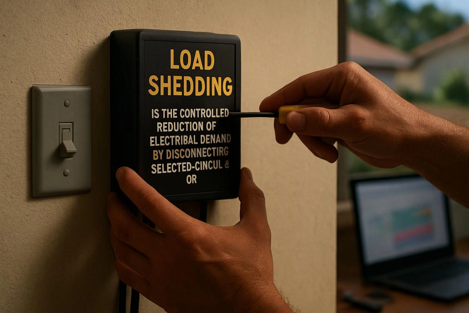 Hands adjust a black wall box labeled “LOAD SHEDDING” beside a light switch in a room