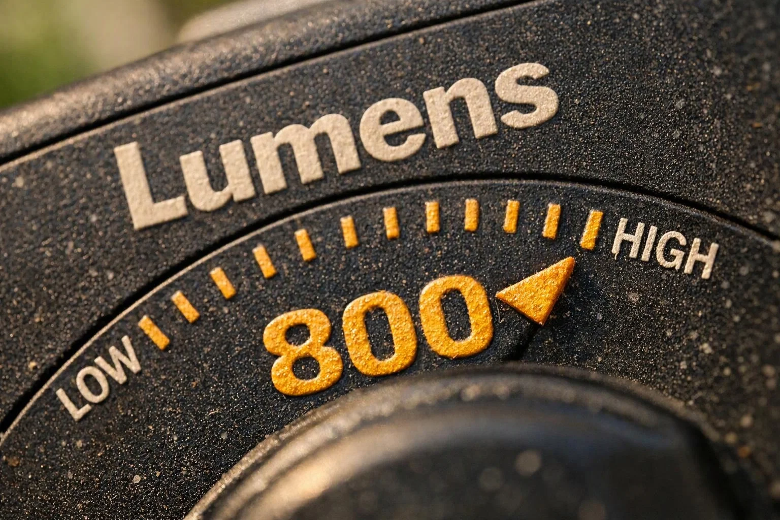 A close-up shows a dusty black dial labeled Lumens with an 800 setting between LOW and HIGH