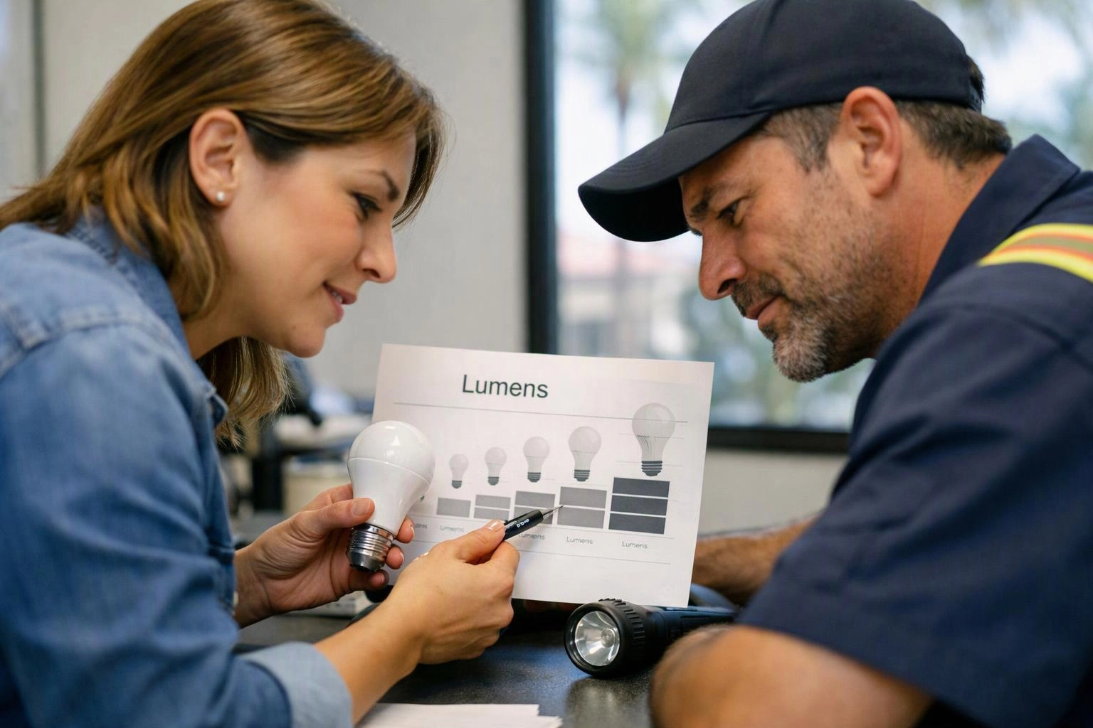Two people compare light bulbs and a lumens chart at a table indoors