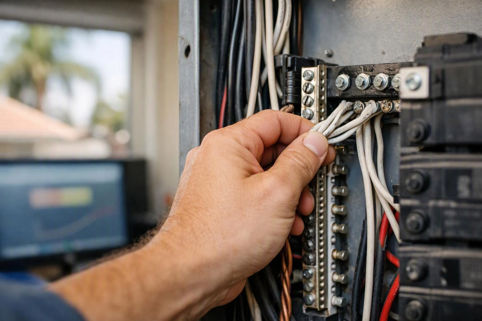 A hand adjusts white wires inside an open electrical panel with terminal screws and breakers