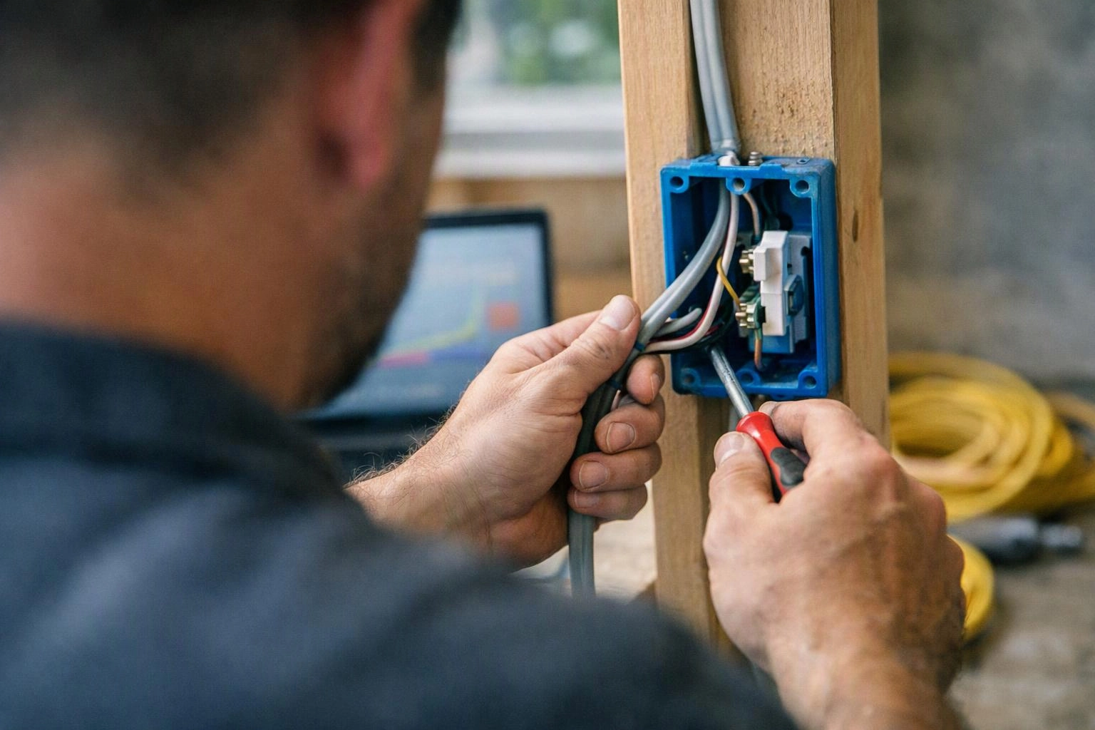 A worker connects wires inside a blue electrical box mounted on a wooden post