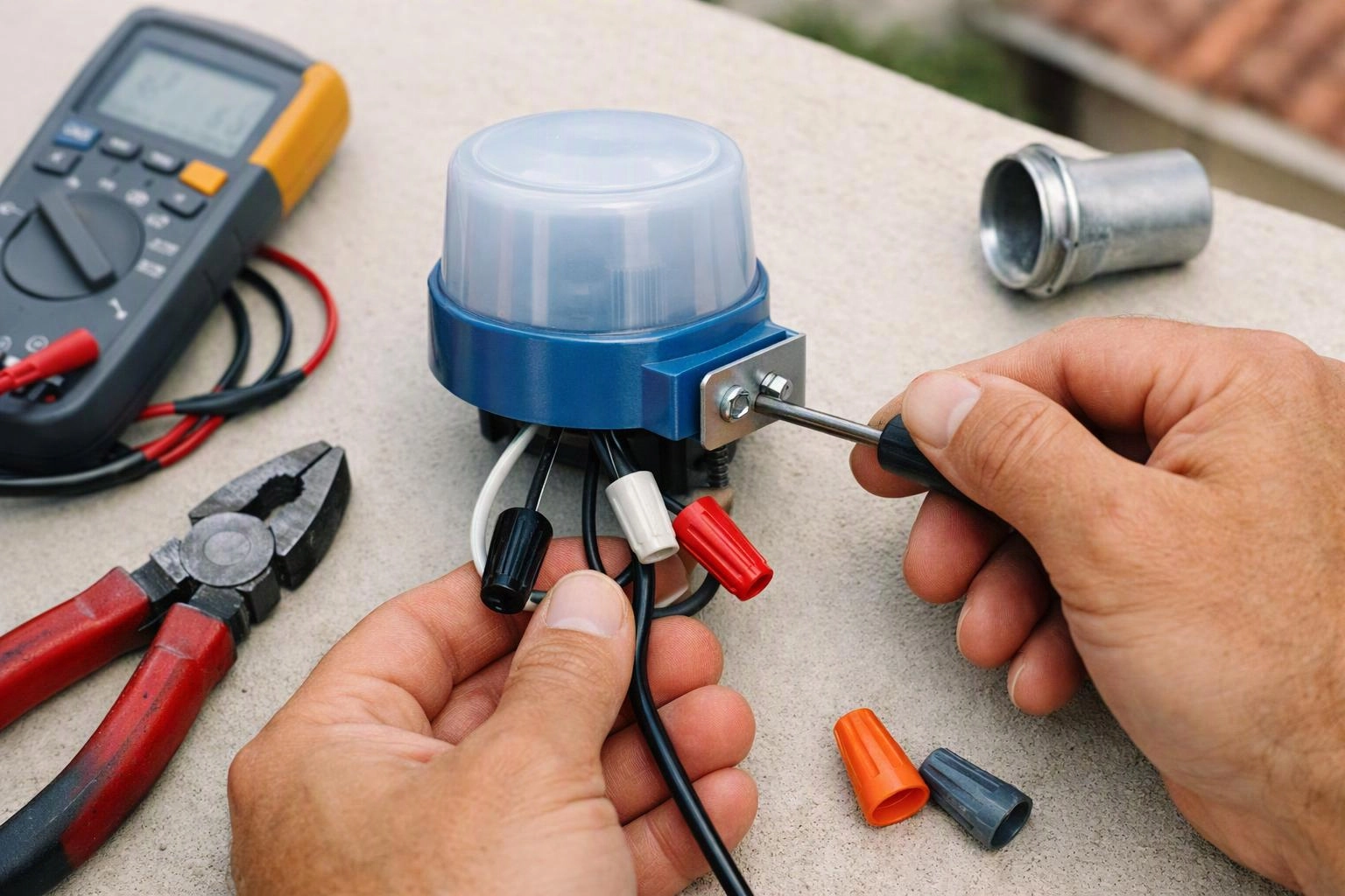 Hands wire a blue electrical sensor beside a multimeter, pliers, and loose wire connectors on a workbench