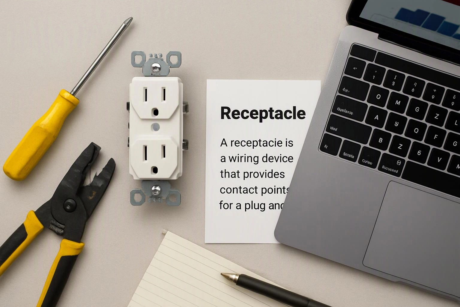 A laptop, screwdriver, pliers, outlet, and a paper labeled "Receptacle" sit on a desk
