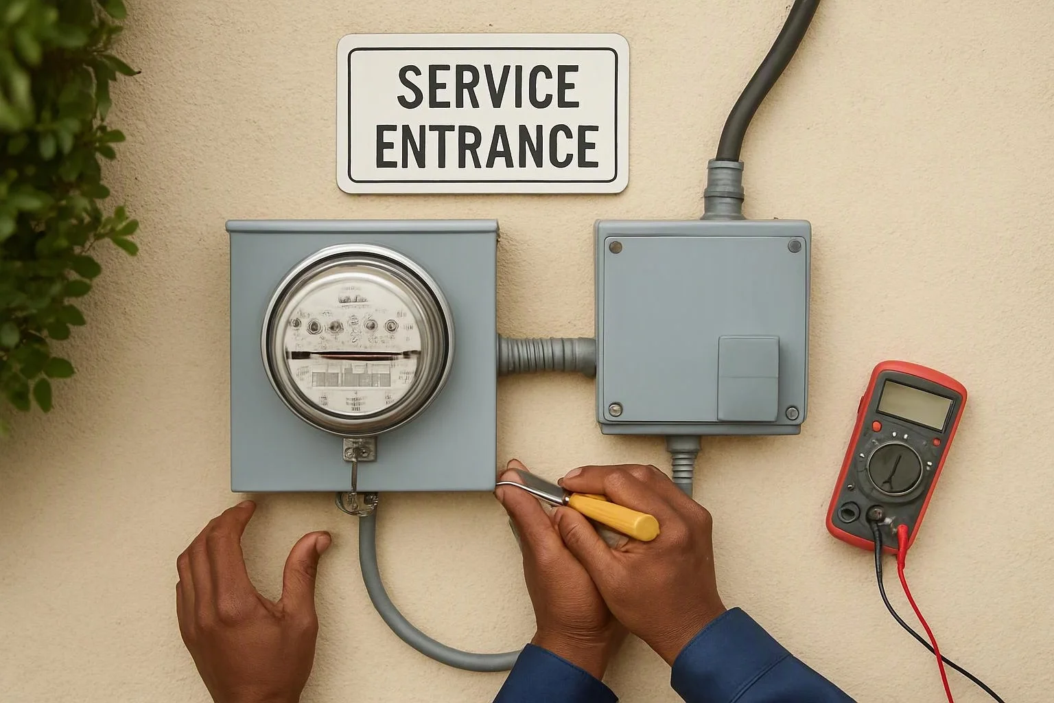 Technician’s hands work on an outdoor electric meter beside a service entrance sign, with a multimeter nearby