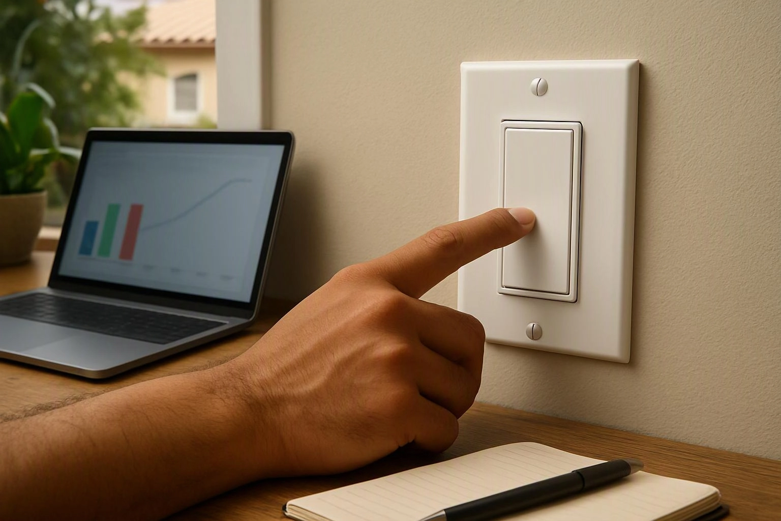 A hand presses a wall light switch beside a laptop on a wooden desk