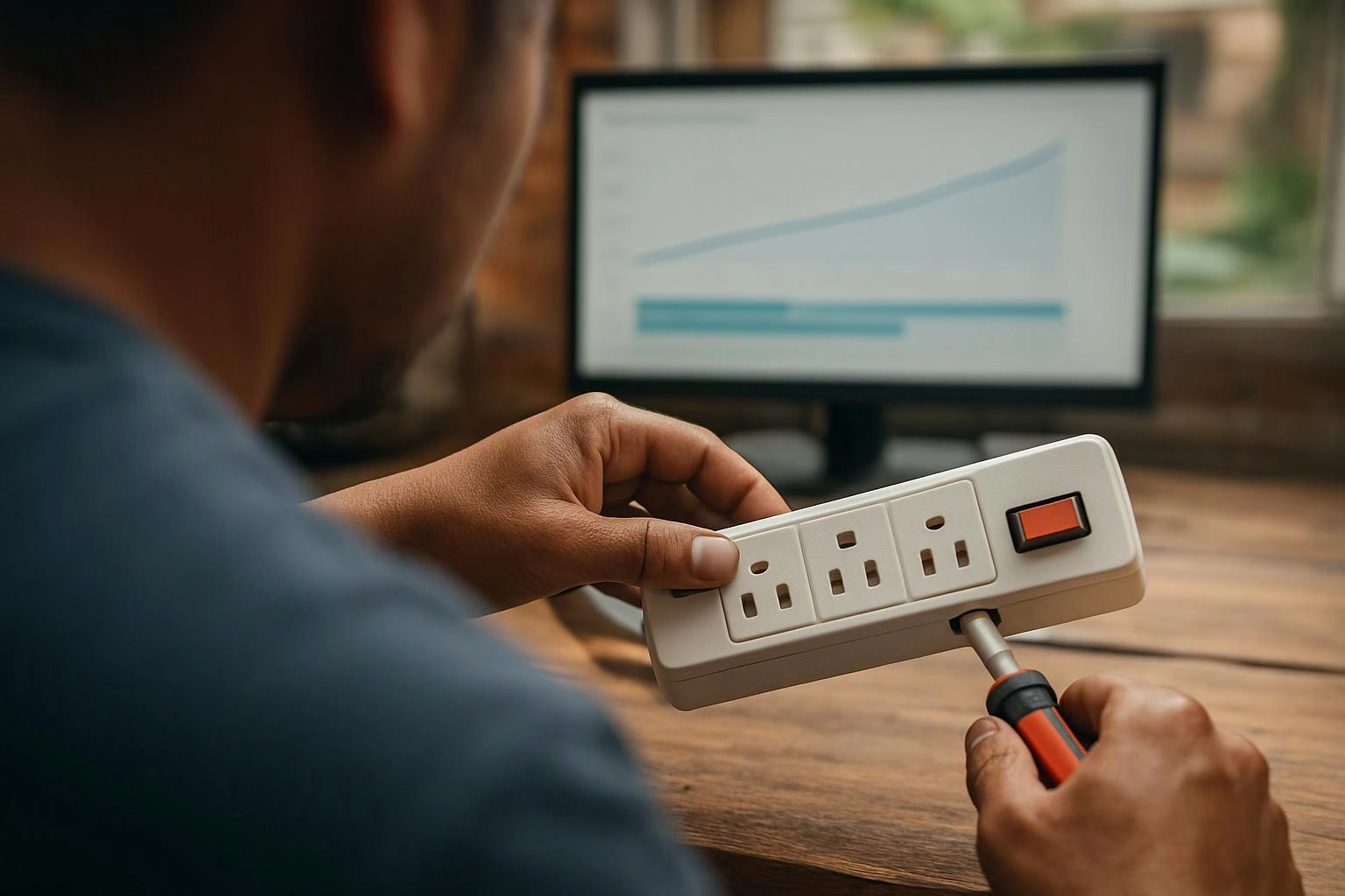 A person holds a power strip while tightening a screw beside a computer monitor with a rising chart