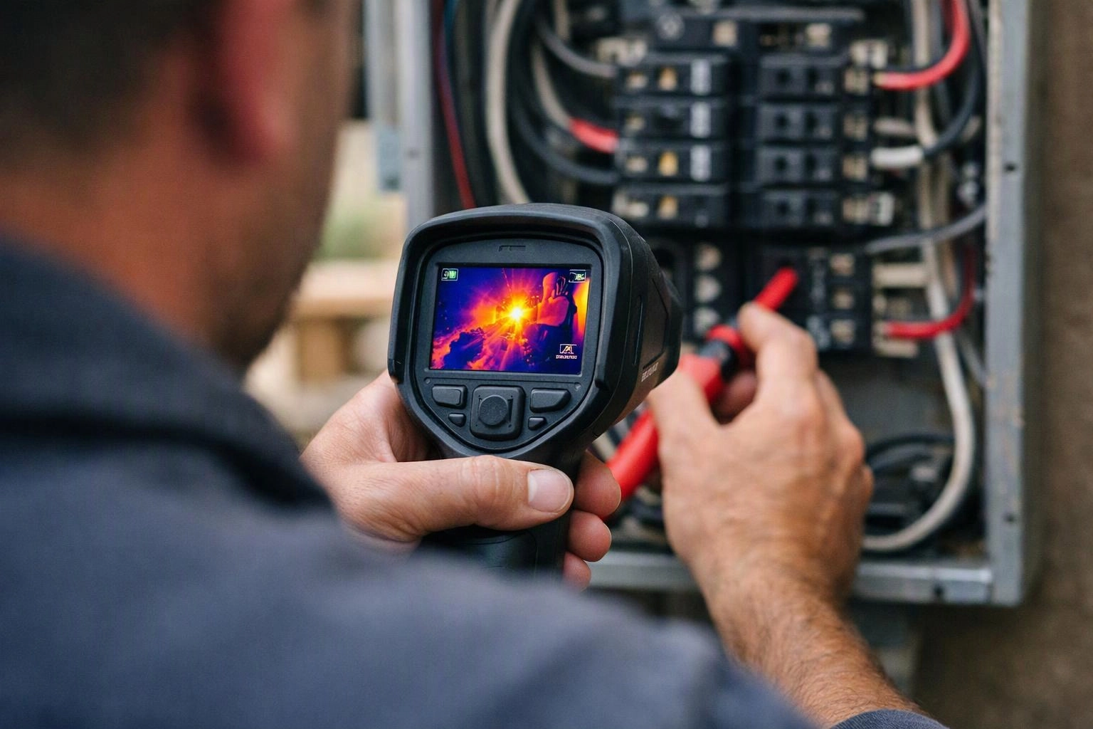 A worker uses a thermal camera to inspect wiring inside an open electrical panel
