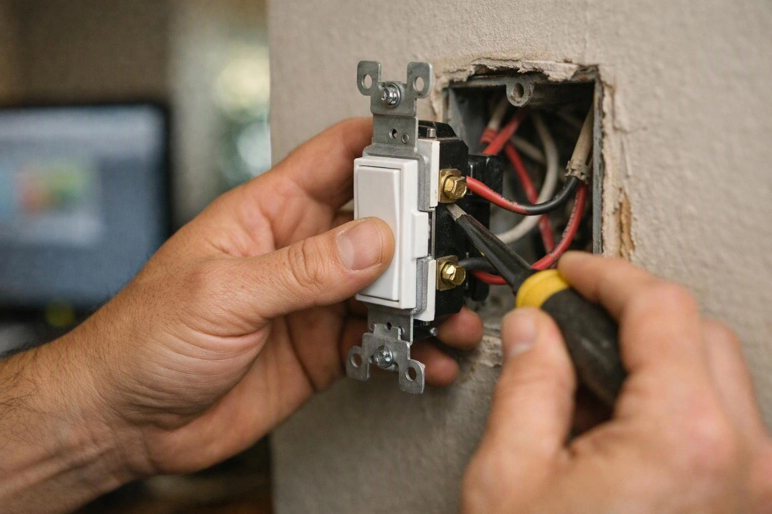 Hands wire a white wall switch into an open electrical box with red and black wires