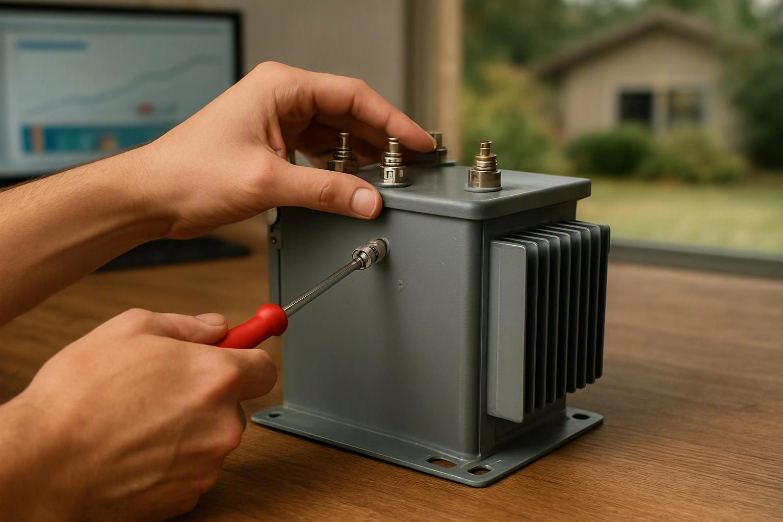 Hands use a red screwdriver to adjust a gray metal electrical device on a wooden table
