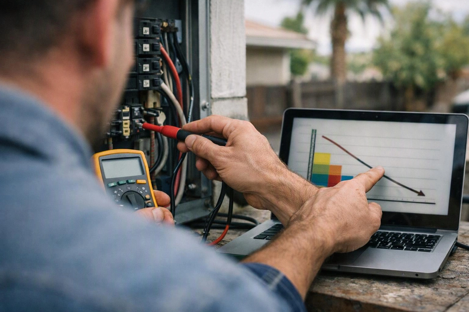 A technician probes an electrical panel with a meter while pointing at a laptop graph outdoors